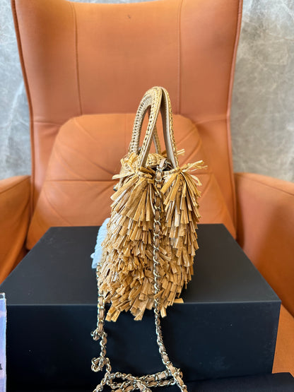 Chanel Raffia Fringe Mini Top Handle Bag Natural