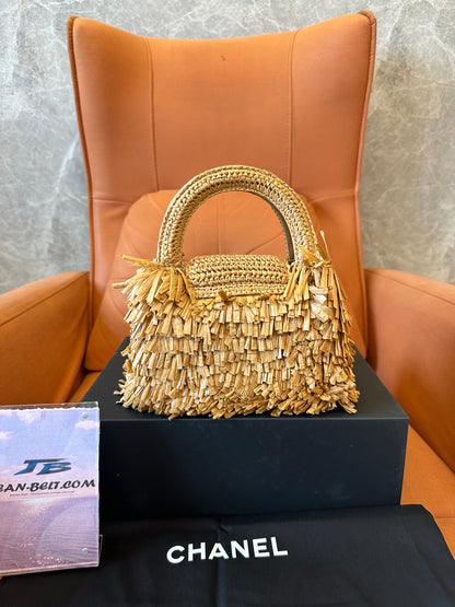 Chanel Raffia Fringe Mini Top Handle Bag Natural