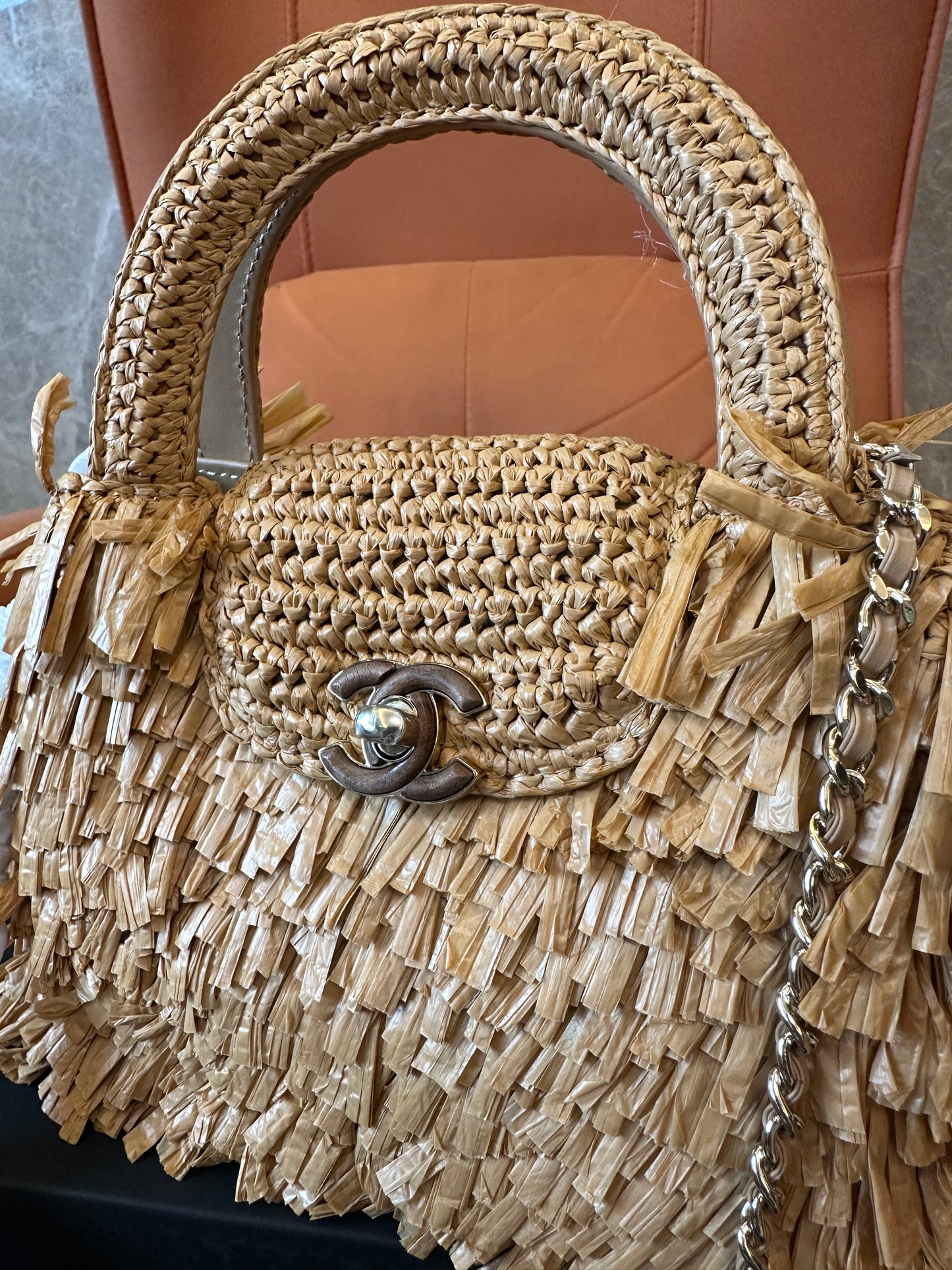 Chanel Raffia Fringe Mini Top Handle Bag Natural