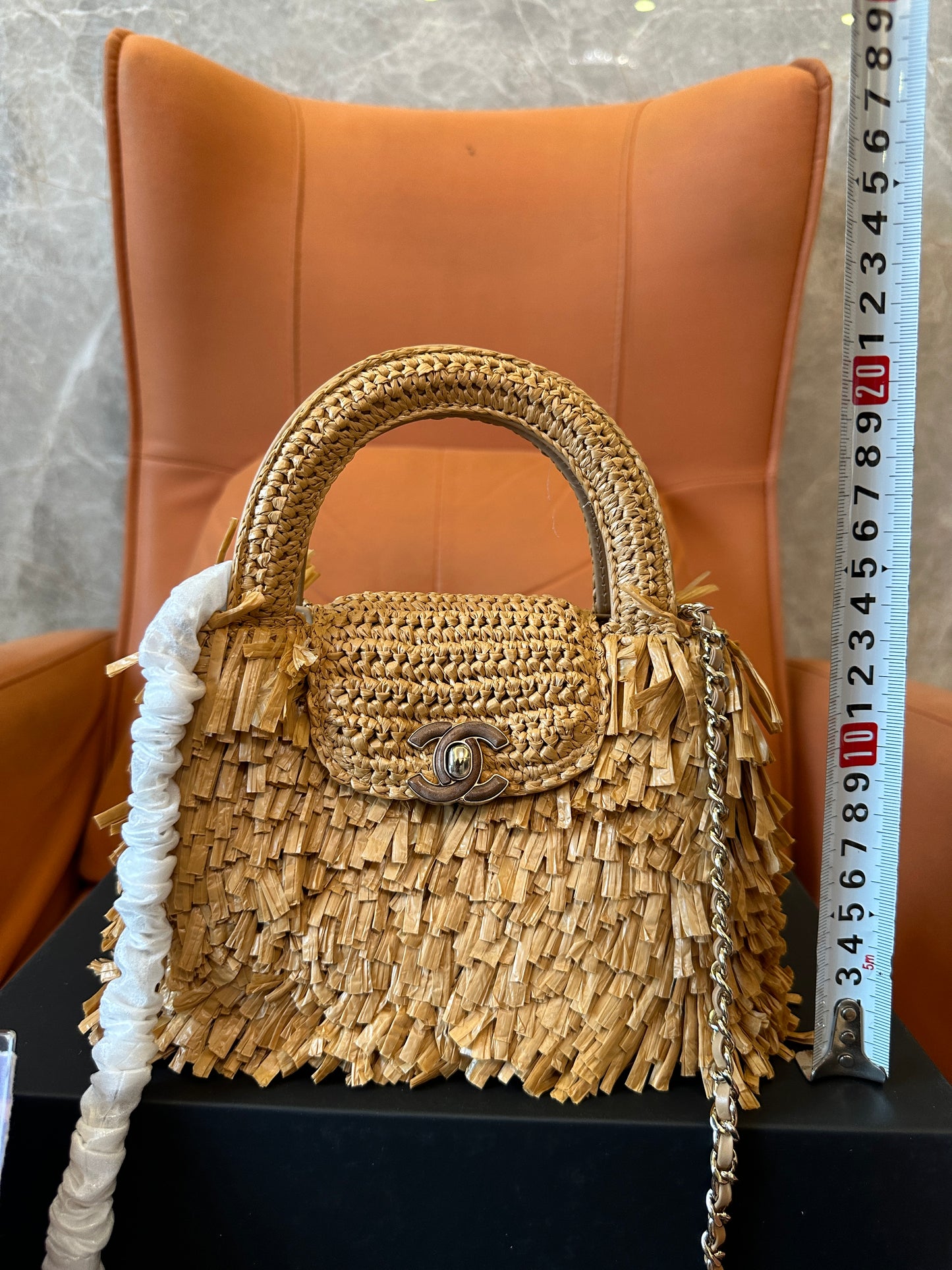 Chanel Raffia Fringe Mini Top Handle Bag Natural