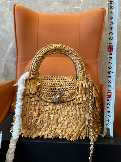 Chanel Raffia Fringe Mini Top Handle Bag Natural