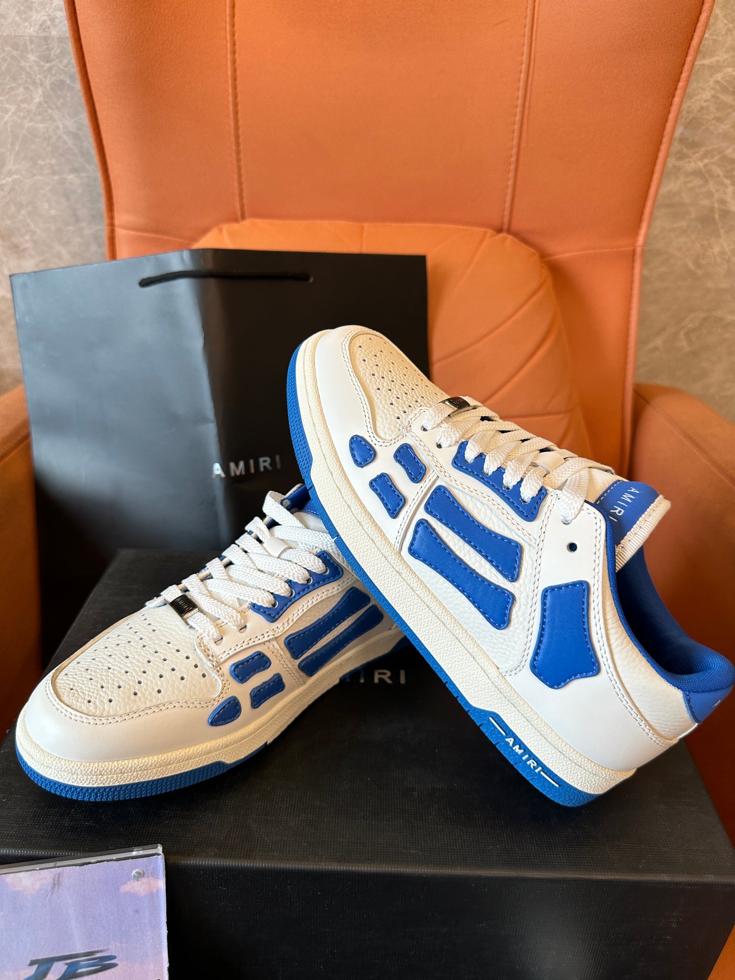 Amiri Skel Low Top Sneakers - Blue & White with Signature Skeleton Overlay