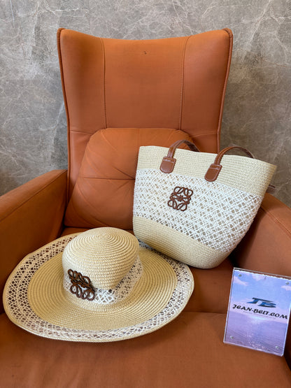 Loewe Anagram Woven Straw Bag and Hat Set