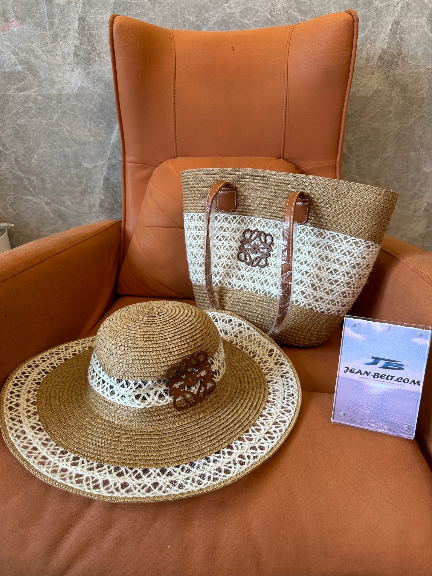 Loewe Anagram Woven Straw Bag and Hat Set