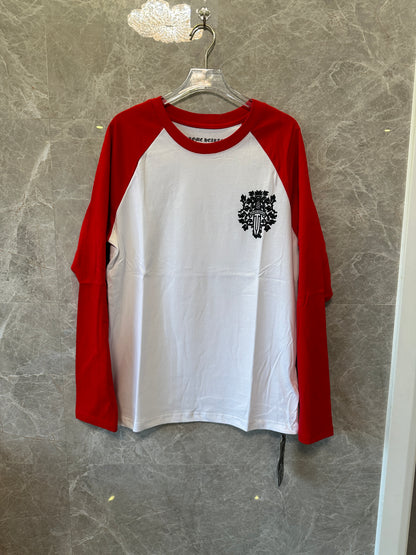 Chrome Hearts Red & White Long-Sleeve Baseball T-shirt with Cross Crest