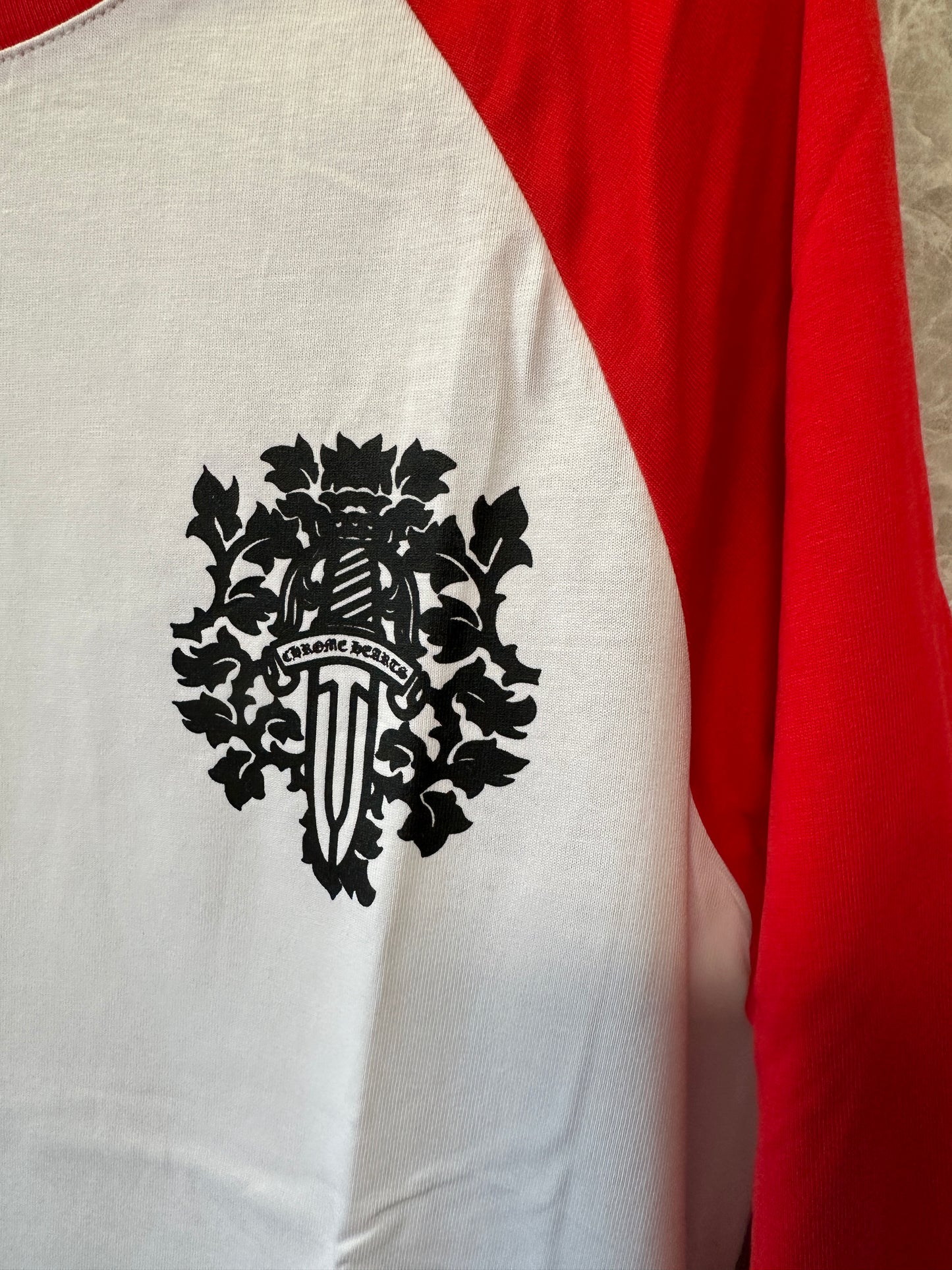 Chrome Hearts Red & White Long-Sleeve Baseball T-shirt with Cross Crest