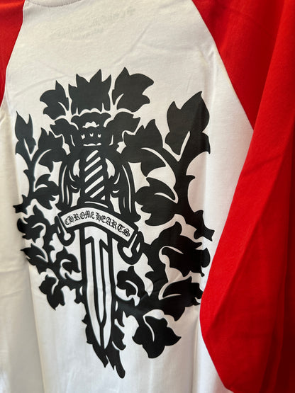Chrome Hearts Red & White Long-Sleeve Baseball T-shirt with Cross Crest