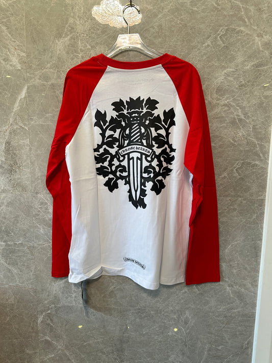 Chrome Hearts Red & White Long-Sleeve Baseball T-shirt with Cross Crest