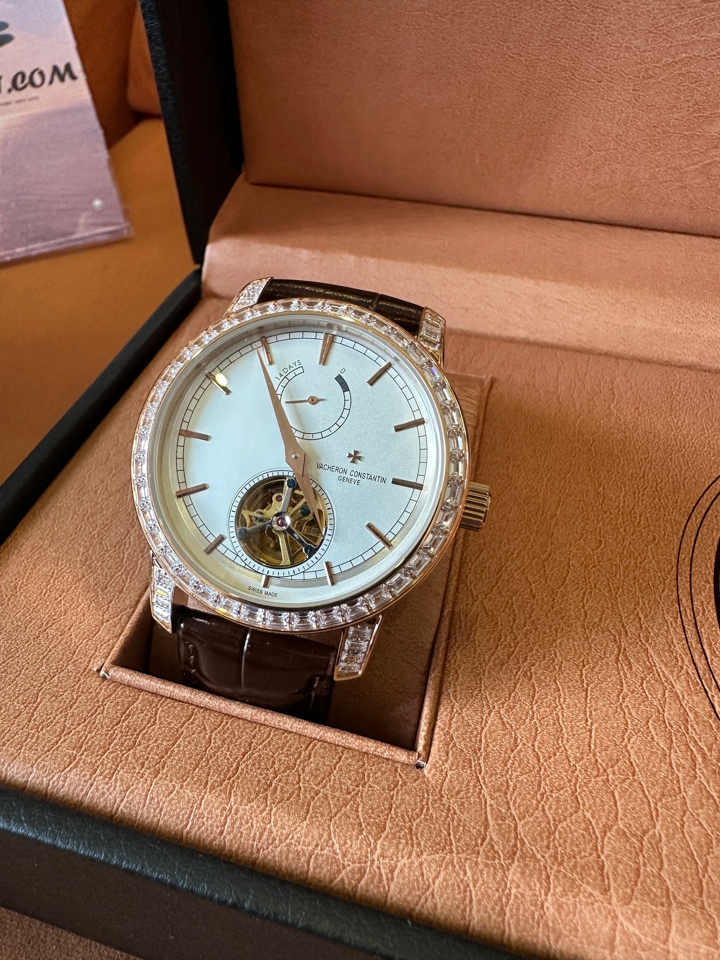 Vacheron Constantin Tourbillon Men’s Watch with Diamond Bezel and Brown Leather Strap