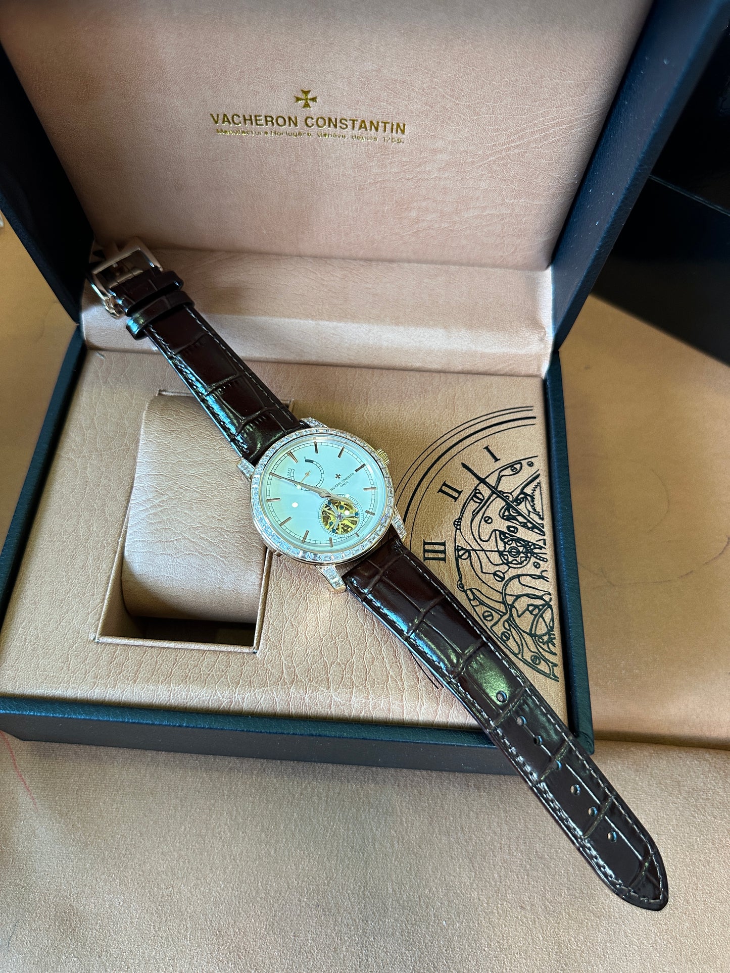 Vacheron Constantin Tourbillon Men’s Watch with Diamond Bezel and Brown Leather Strap