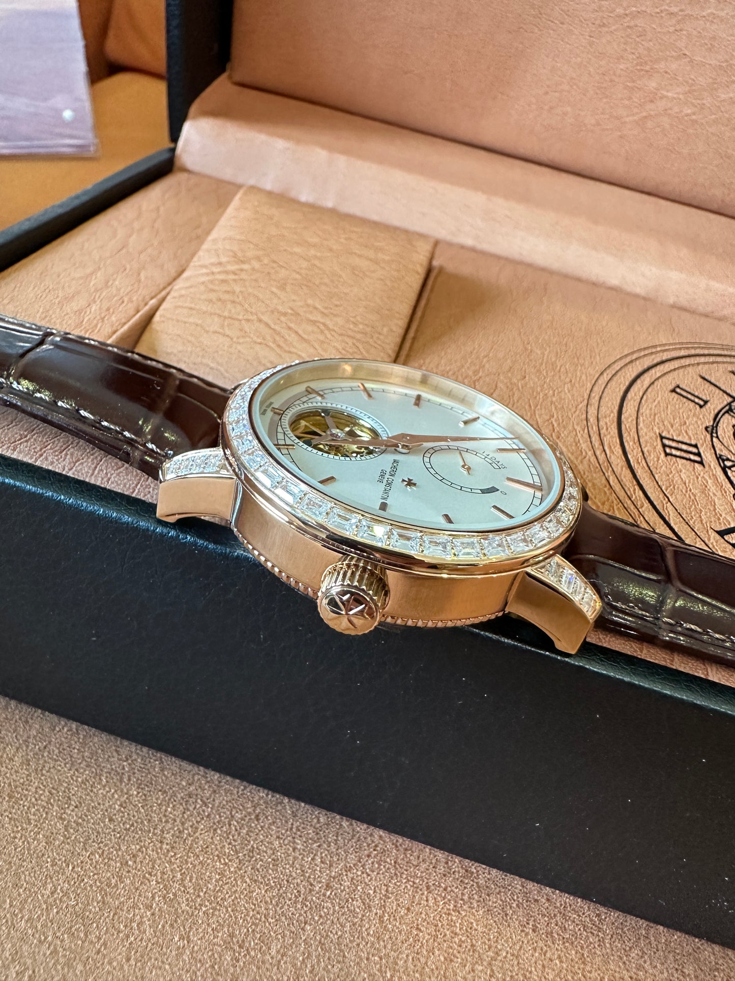 Vacheron Constantin Tourbillon Men’s Watch with Diamond Bezel and Brown Leather Strap