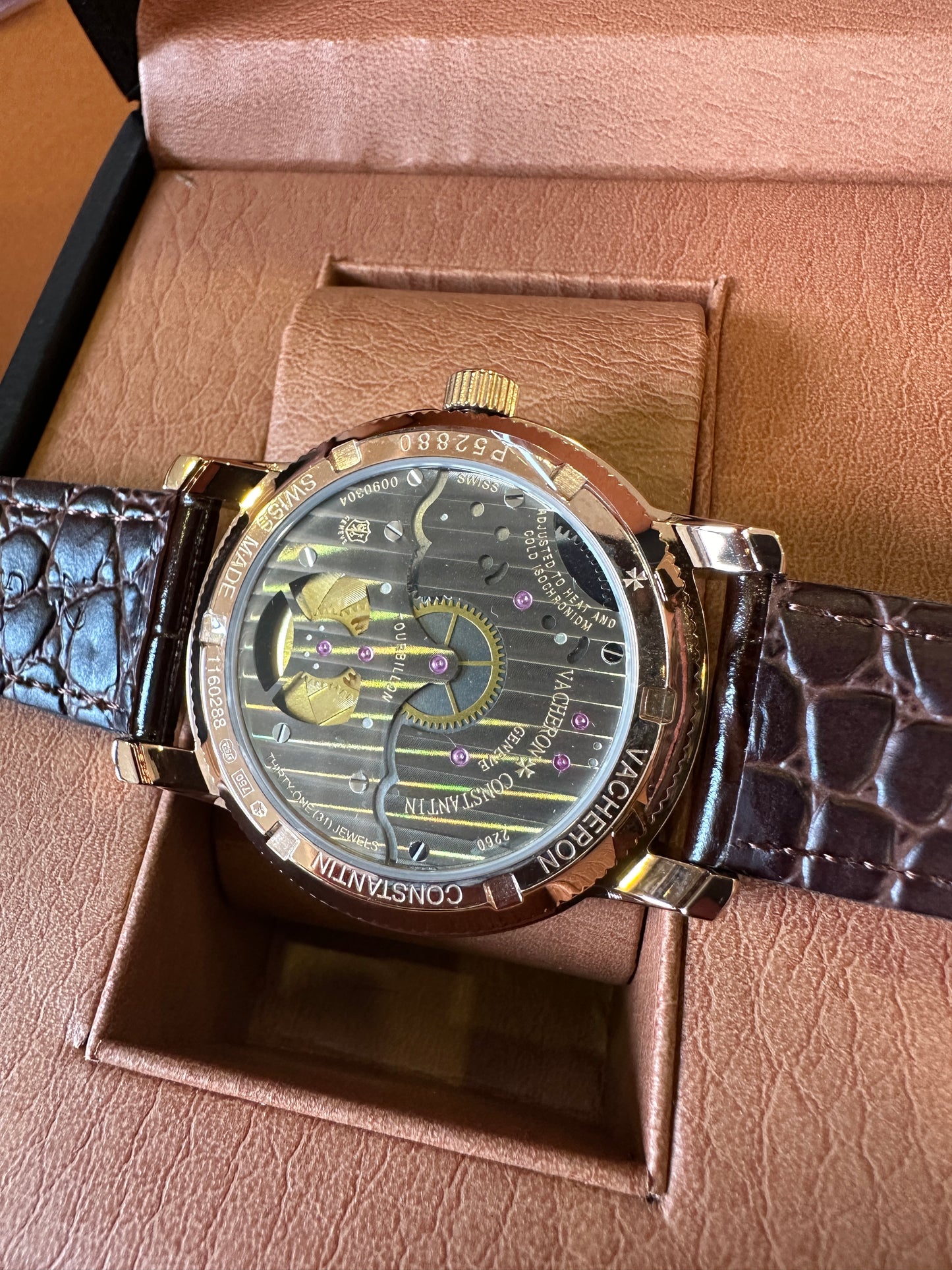 Vacheron Constantin Tourbillon Men’s Watch with Diamond Bezel and Brown Leather Strap