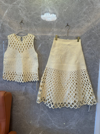 Maje Cream Yellow Openwork Knit Top & Midi Skirt Set
