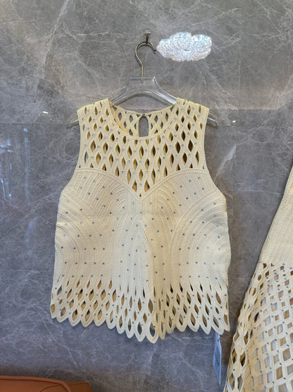 Maje Cream Yellow Openwork Knit Top & Midi Skirt Set