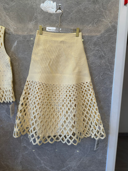 Maje Cream Yellow Openwork Knit Top & Midi Skirt Set