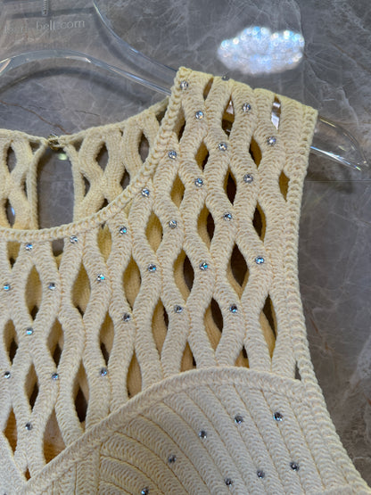 Maje Cream Yellow Openwork Knit Top & Midi Skirt Set