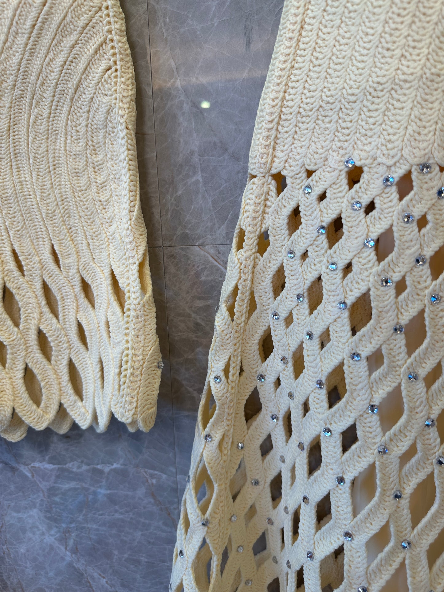 Maje Cream Yellow Openwork Knit Top & Midi Skirt Set