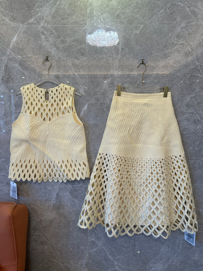 Maje Cream Yellow Openwork Knit Top & Midi Skirt Set