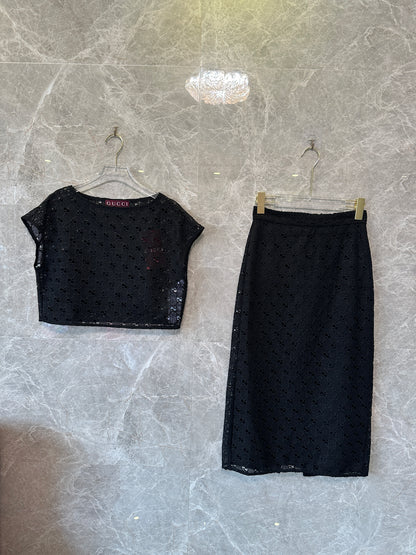 Gucci black GG cut-out lace two-piece set – crop top & midi skirt