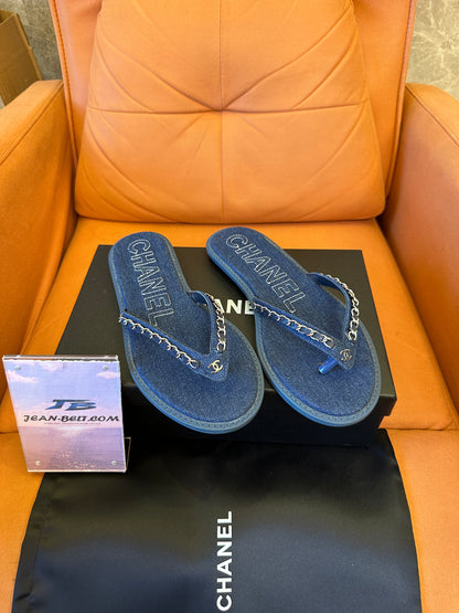 Chanel Denim Chain Thong Sandals Blue