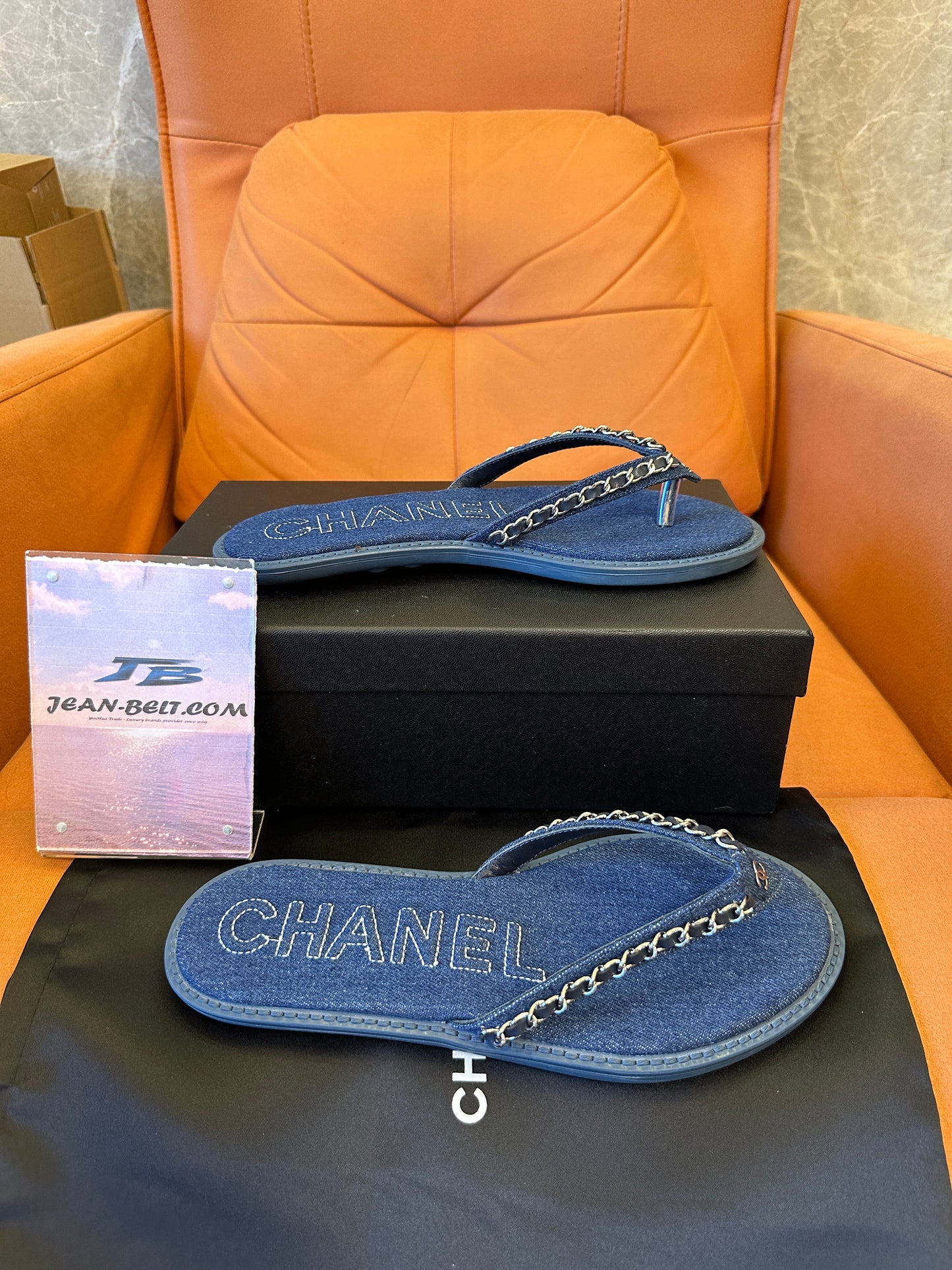 Chanel Denim Chain Thong Sandals Blue