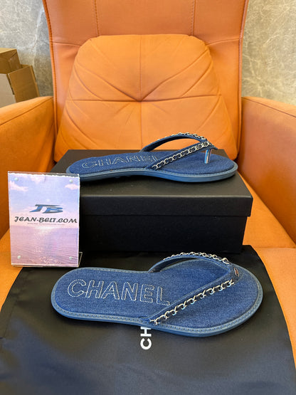 Chanel Denim Chain Thong Sandals Blue