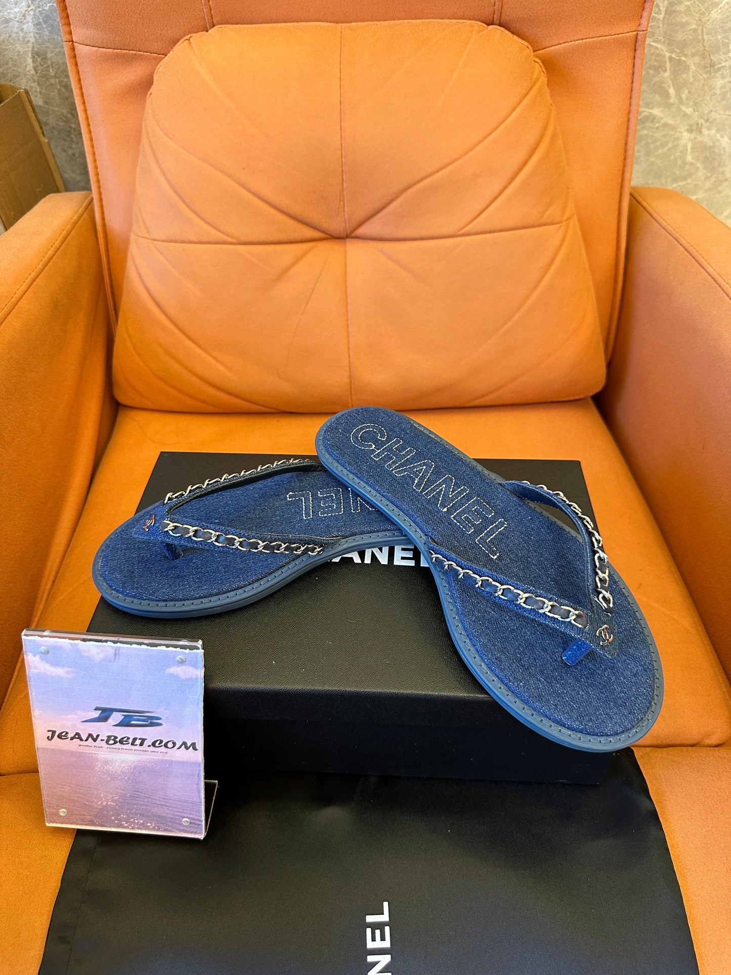 Chanel Denim Chain Thong Sandals Blue