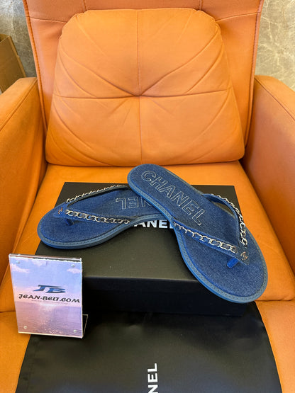 Chanel Denim Chain Thong Sandals Blue