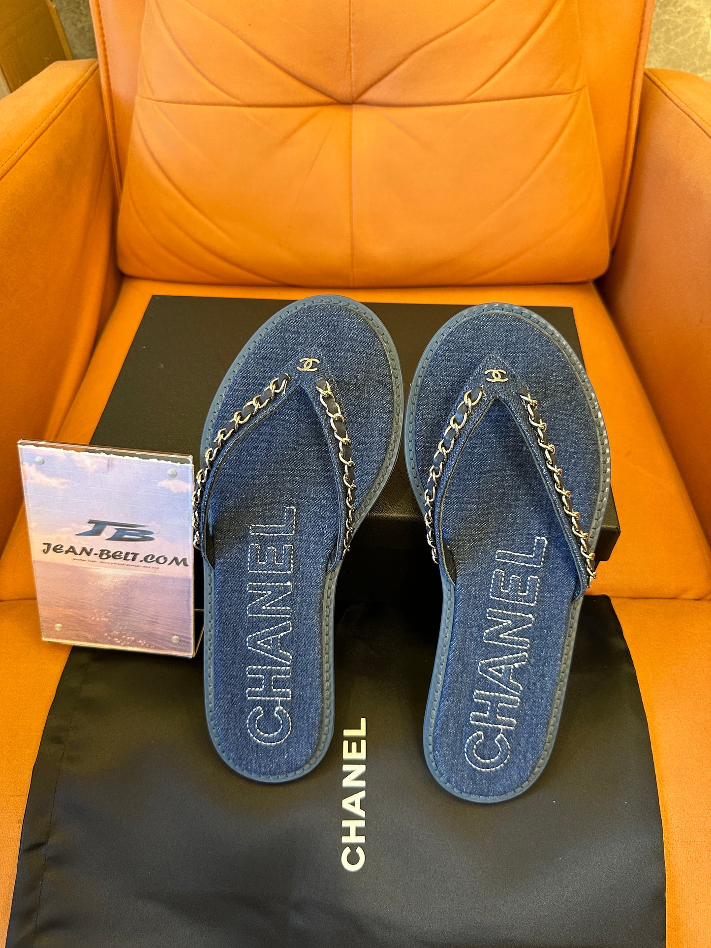 Chanel Denim Chain Thong Sandals Blue
