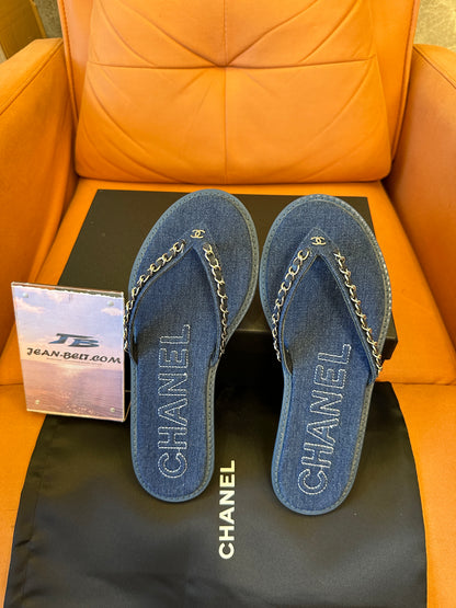 Chanel Denim Chain Thong Sandals Blue