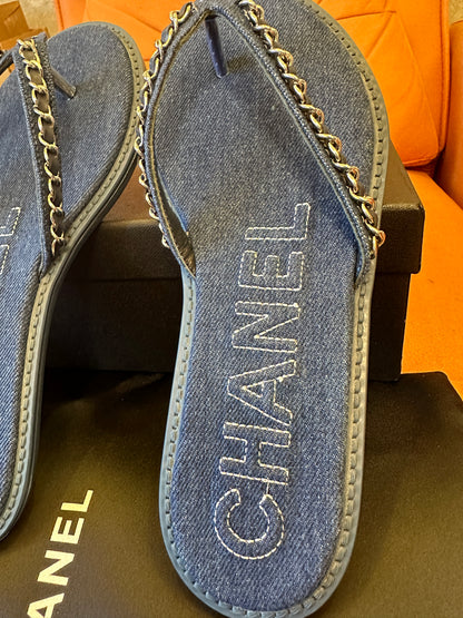 Chanel Denim Chain Thong Sandals Blue