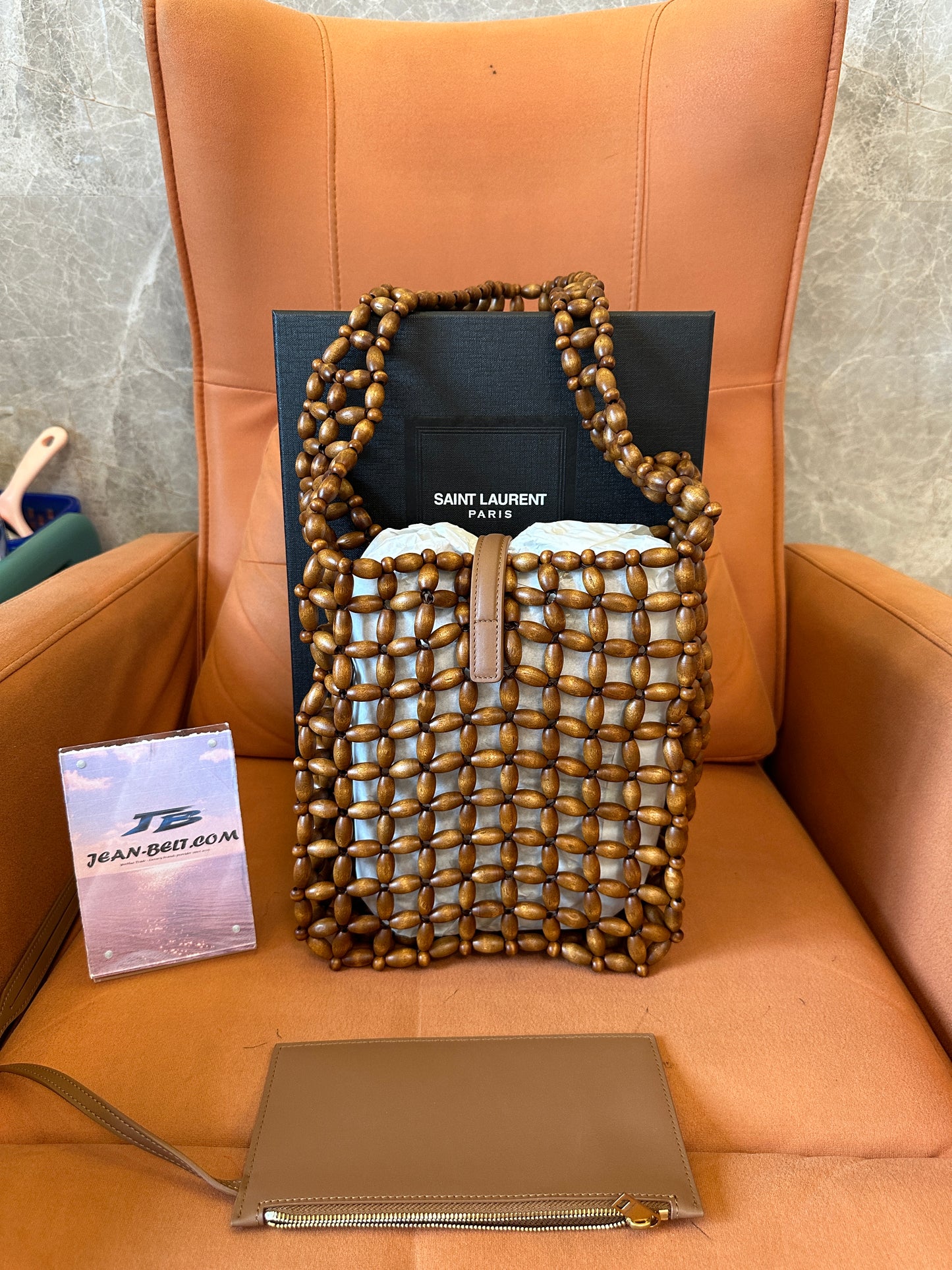 Saint Laurent Wooden Bead Shoulder Crossbody Bag Brown