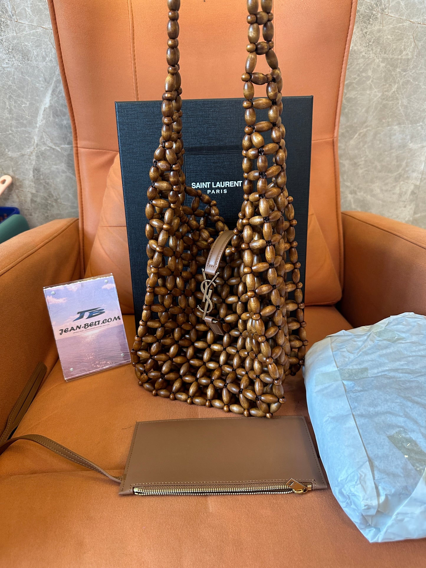 Saint Laurent Wooden Bead Shoulder Crossbody Bag Brown