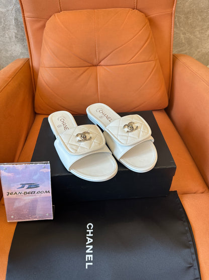 Chanel White Quilted Leather Slide Sandals