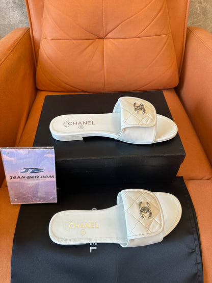 Chanel White Quilted Leather Slide Sandals