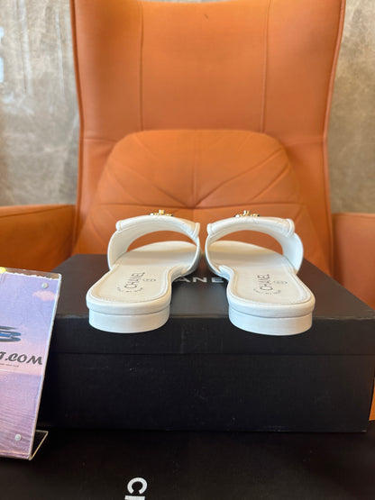 Chanel White Quilted Leather Slide Sandals