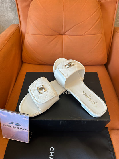 Chanel White Quilted Leather Slide Sandals