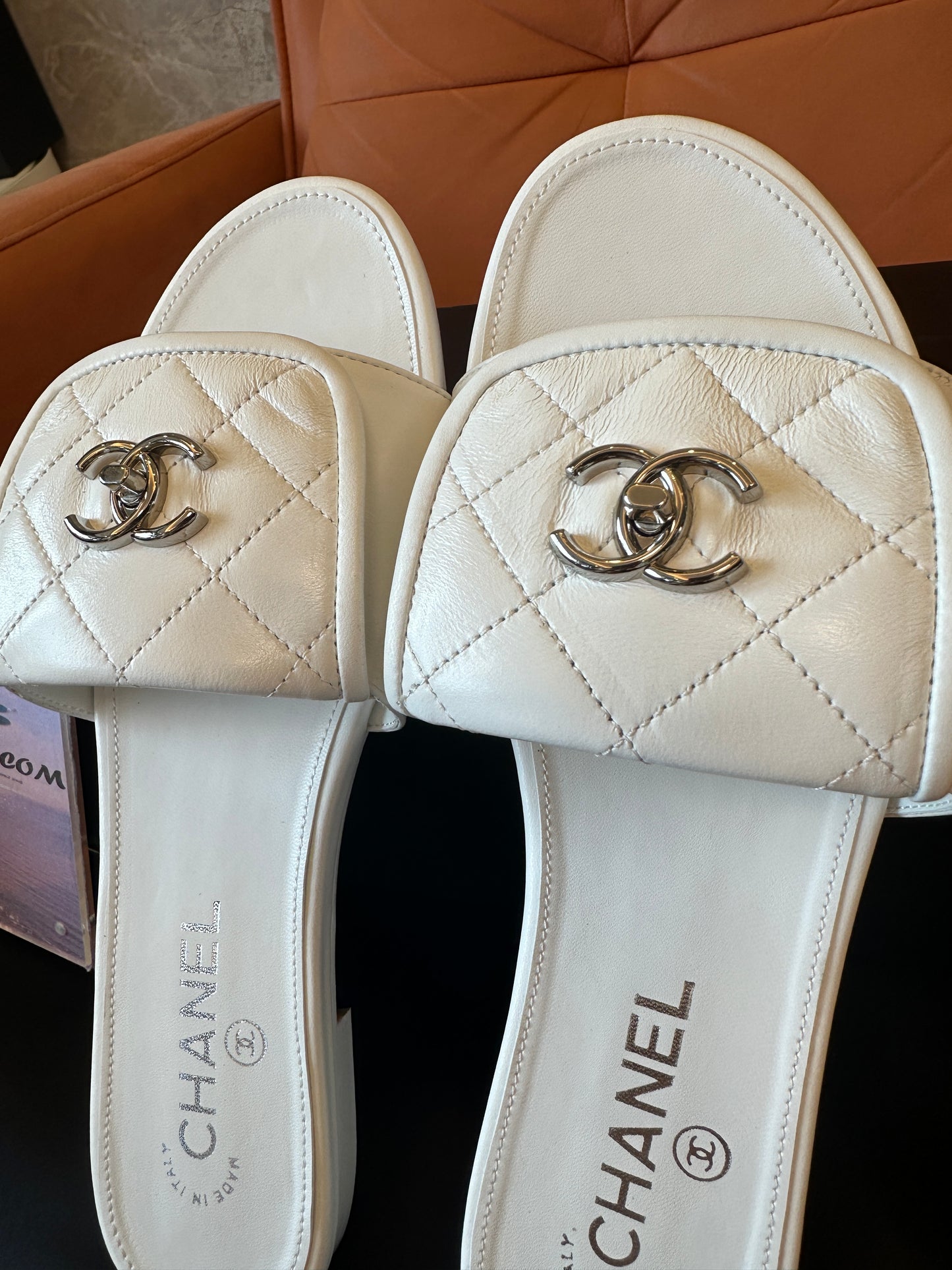 Chanel White Quilted Leather Slide Sandals