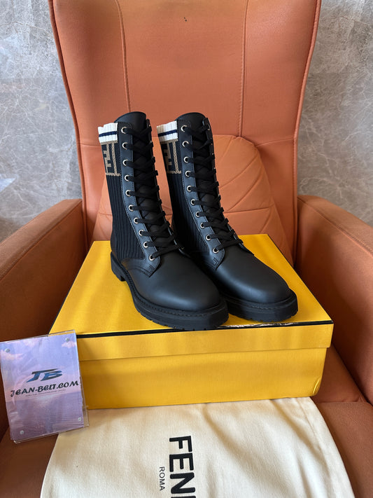 Fendi Black Leather & Knit Logo Combat Boots