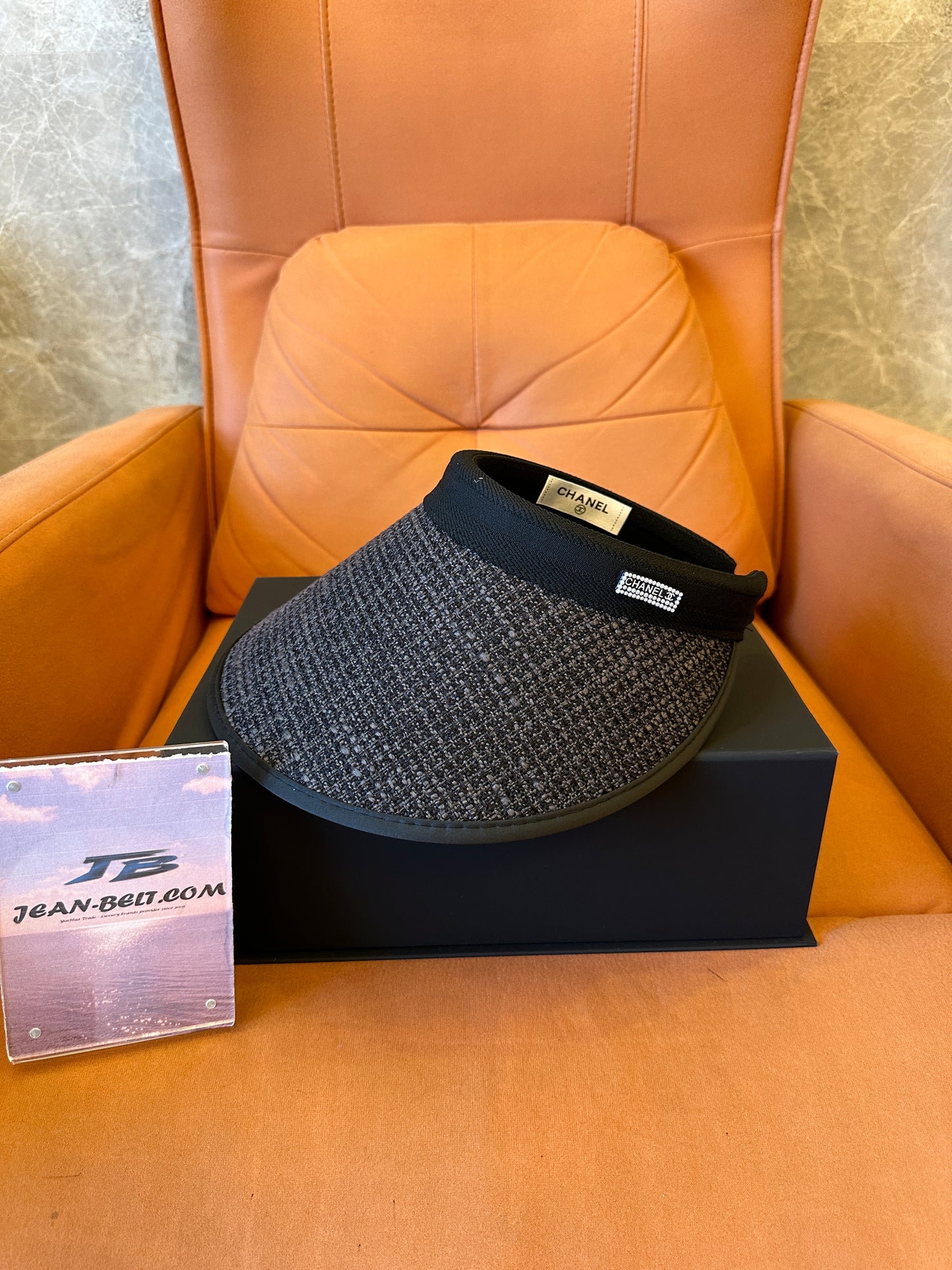 Chanel Black Tweed Pearl Logo Visor Hat