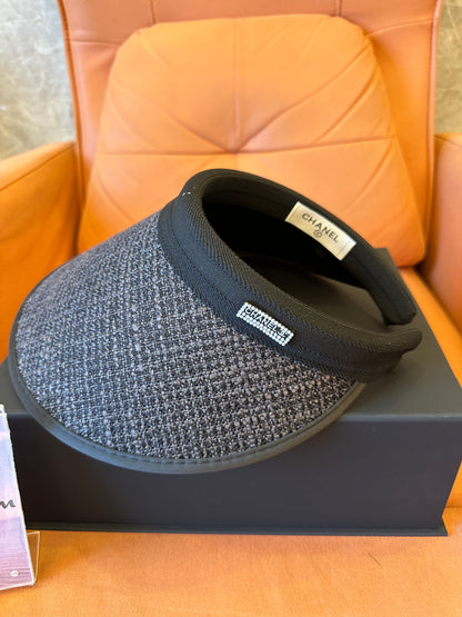 Chanel Black Tweed Pearl Logo Visor Hat