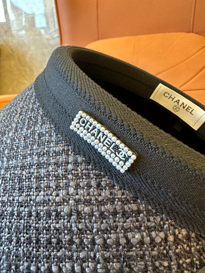 Chanel Black Tweed Pearl Logo Visor Hat