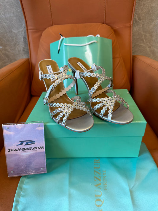 Aquazzura Crystal Embellished Strappy High Heel Sandals Silver Stiletto Mules