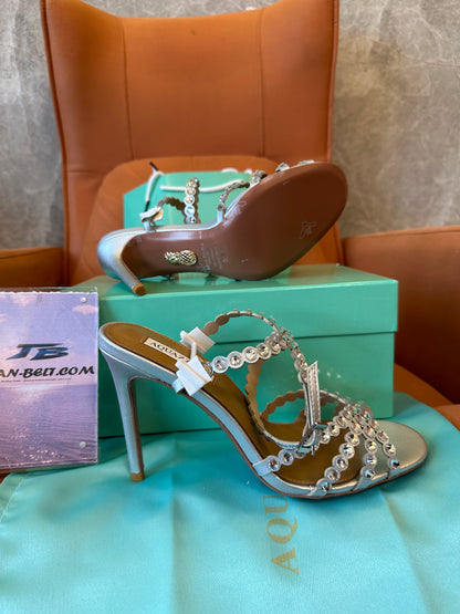 Aquazzura Crystal Embellished Strappy High Heel Sandals Silver Stiletto Mules