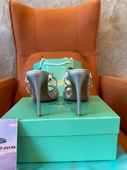 Aquazzura Crystal Embellished Strappy High Heel Sandals Silver Stiletto Mules