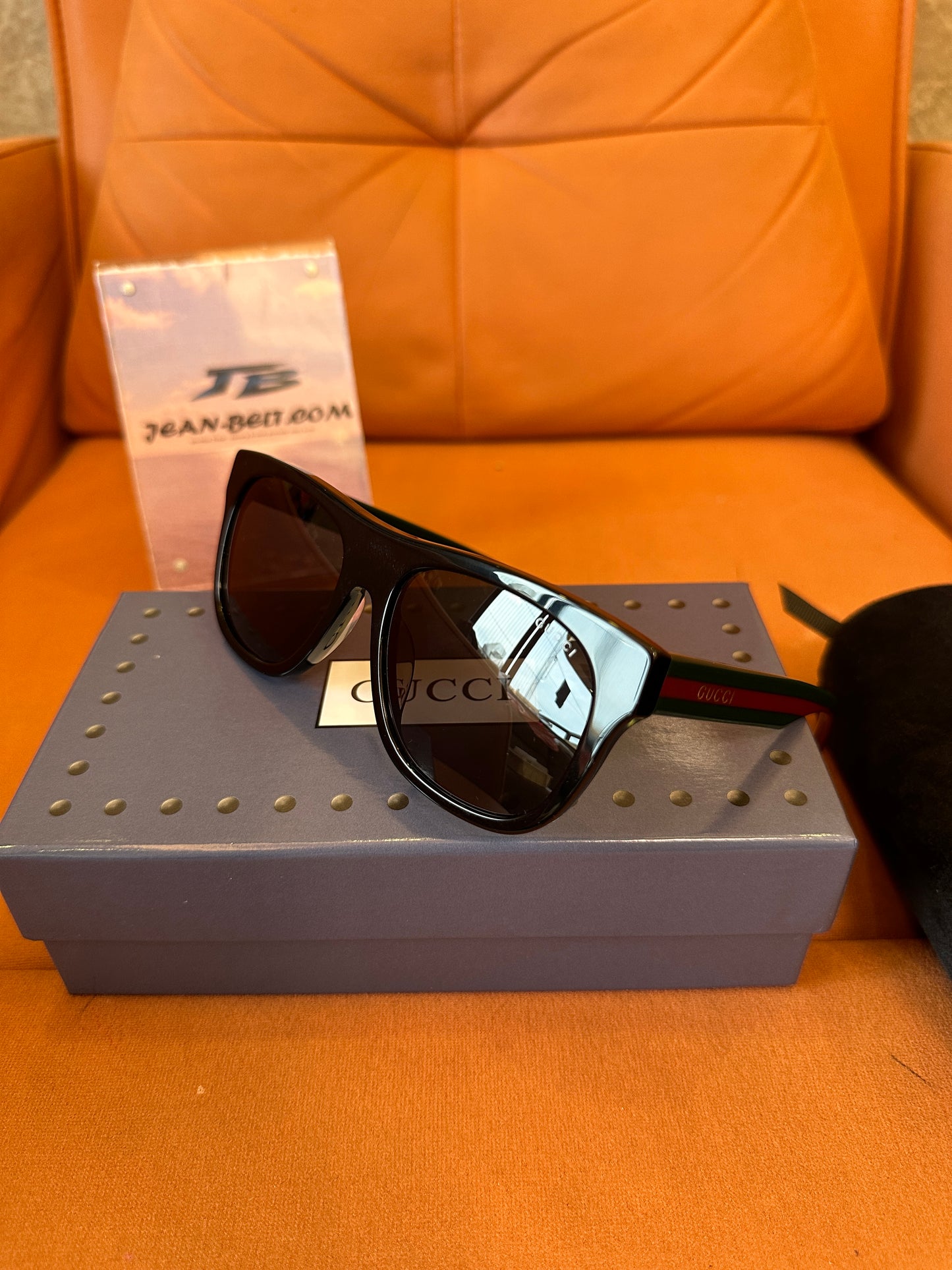 Gucci Black Square Frame Sunglasses Green Red Web Stripe Eyewear