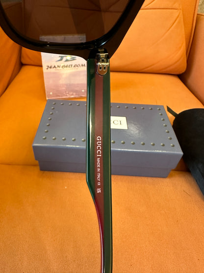 Gucci Black Square Frame Sunglasses Green Red Web Stripe Eyewear