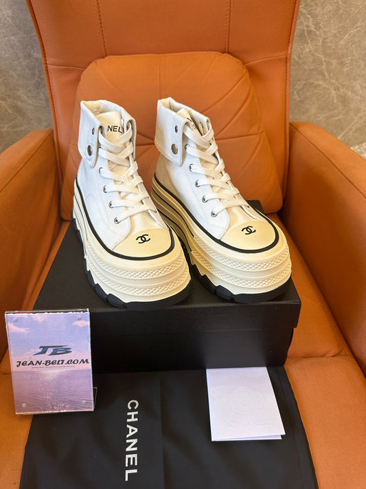 Chanel High Top Platform Sneakers White Canvas Shoes
