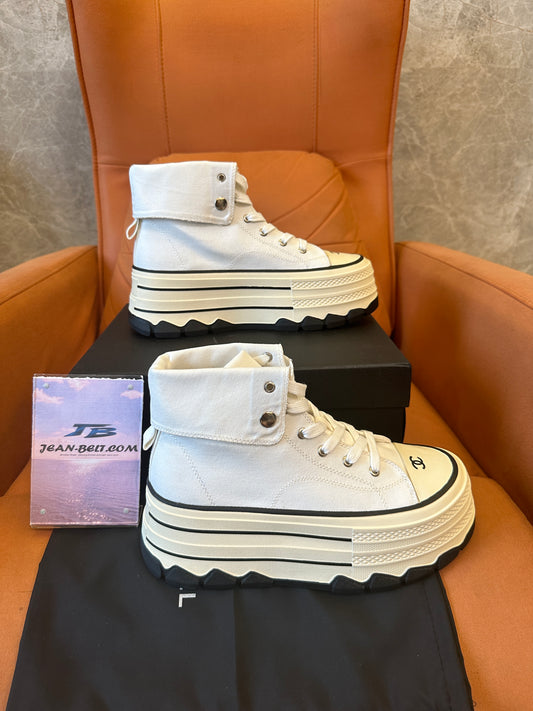 Chanel High Top Platform Sneakers White Canvas Shoes