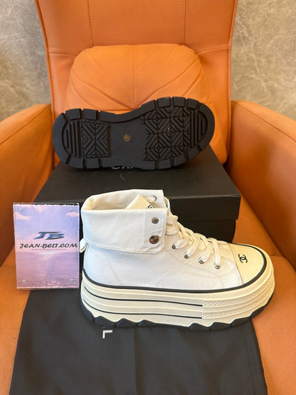 Chanel High Top Platform Sneakers White Canvas Shoes